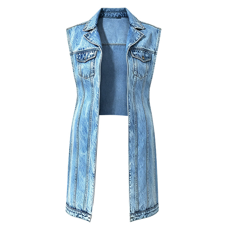 🧥 Women’s Longline Denim Vest Dress – High-Slit Patchwork Layering Style