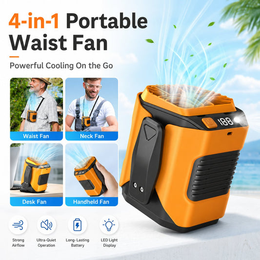 🔧 4-in-1 Portable Waist Fan - Hands-Free Cooling, 10 Speeds, 5000mAh Battery for Work & Outdoor!