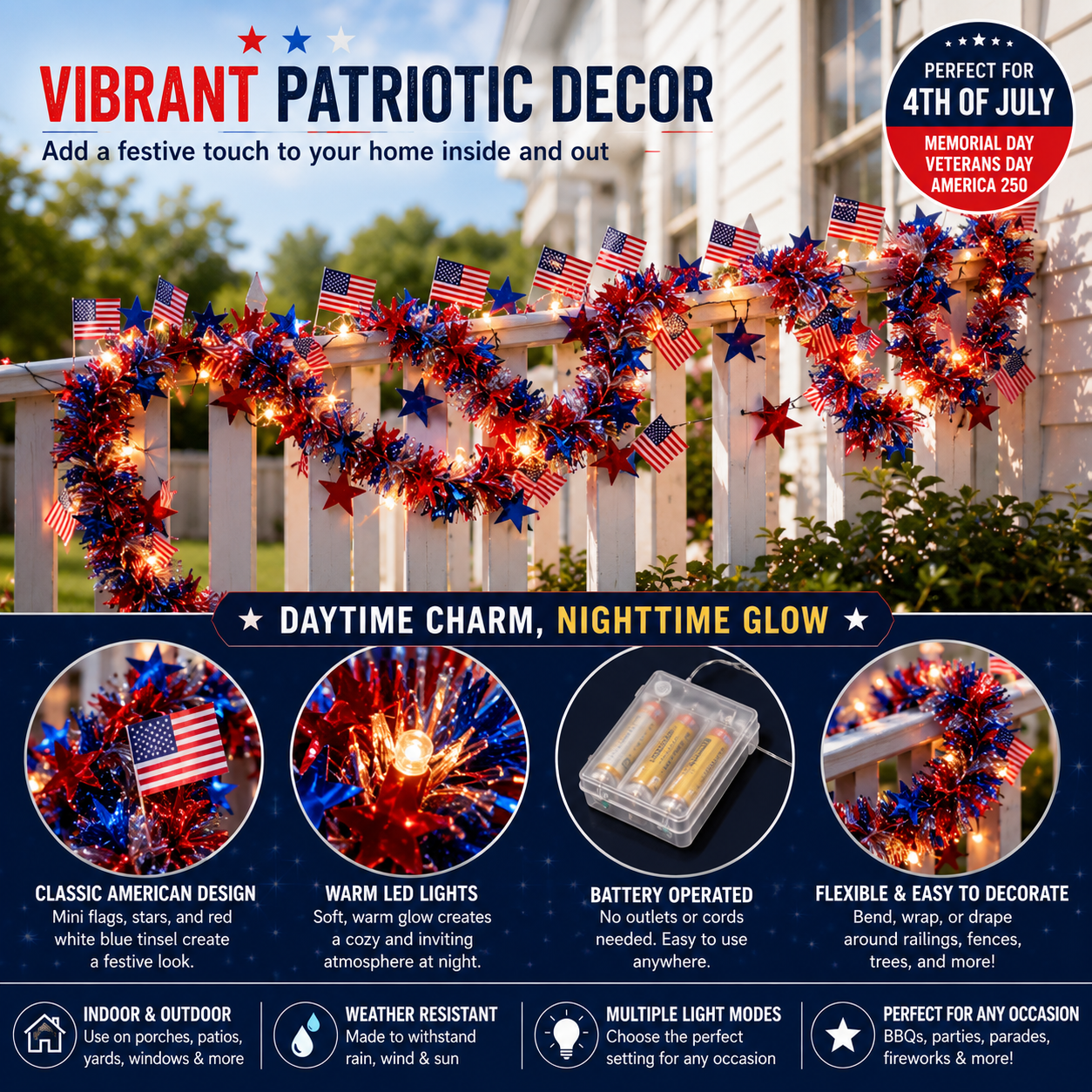 🎉American Flag & Star Red White Blue Fairy Lights