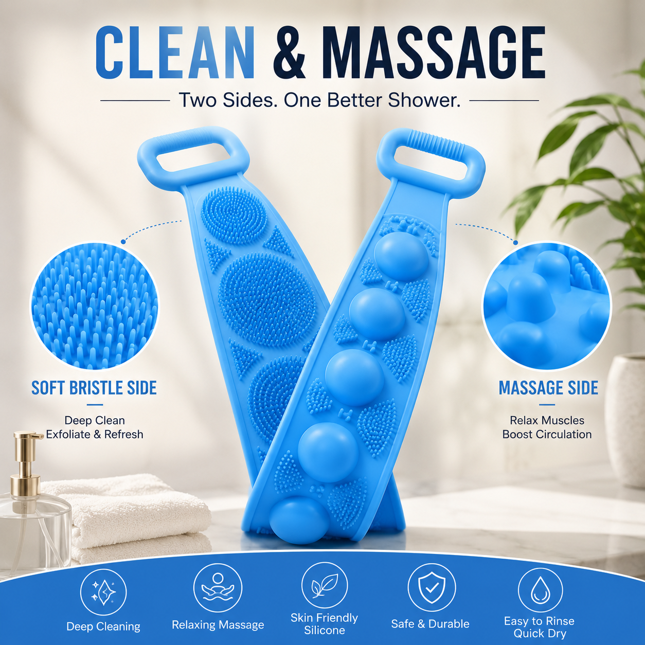🛁 Deep Clean Silicone Back Scrubber – Double-Sided Shower Brush for Smooth Skin