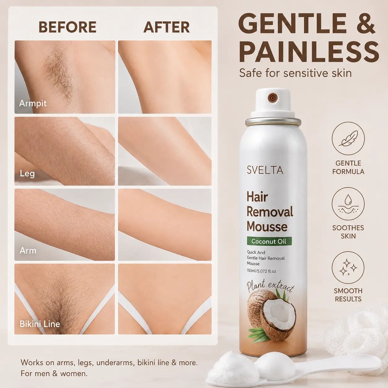 🔥LAST DAY SALE 49% OFF-🥥Bikini Hair Removal Mousse – Quick & Gentle Depilatory Foam with Coconut Oil & Aloe Vera