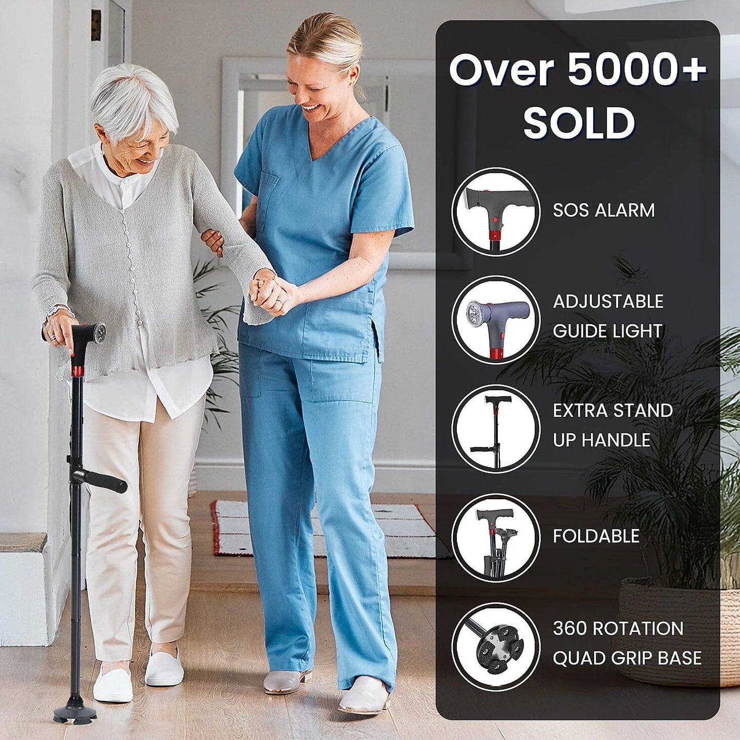 Smart Easy Up Cane With 2 Handle & Anti Slip Base