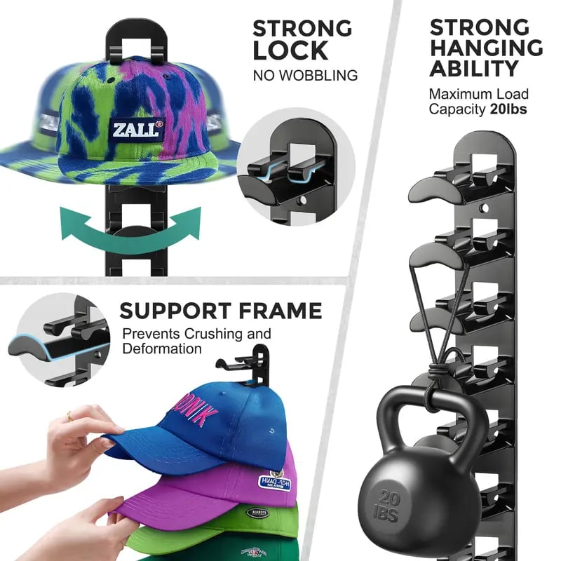 Hat Rack for Wall – Baseball Cap Organizer Holds Up to 20 Hats