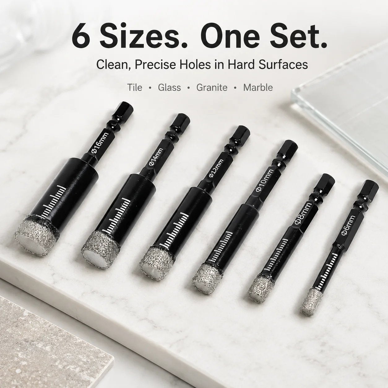 🔥LAST DAY SALE 49% OFF-6 Pcs Diamond Drill Bits Set, 1/4 5/6 3/8 1/2 Inch Brazed Diamond Drill Bits for Precision Drilling in Tile Ceramic Glass Granite Marble Masonry