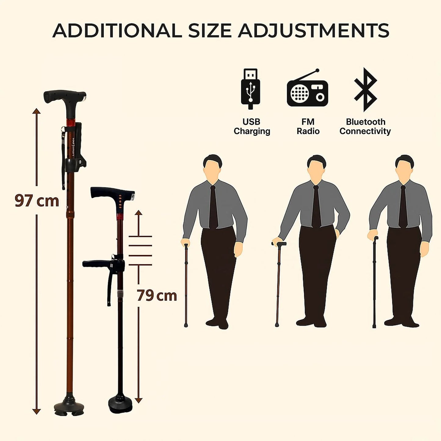 Smart Easy Up Cane With 2 Handle & Anti Slip Base