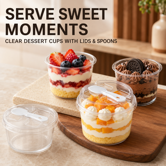 20/50 Sets Round Transparent Plastic Lidded Packaging Boxes with Spoons, Ideal for Cookies, Fruit Ice Cream, Mousse Cake and Yogurt Cups