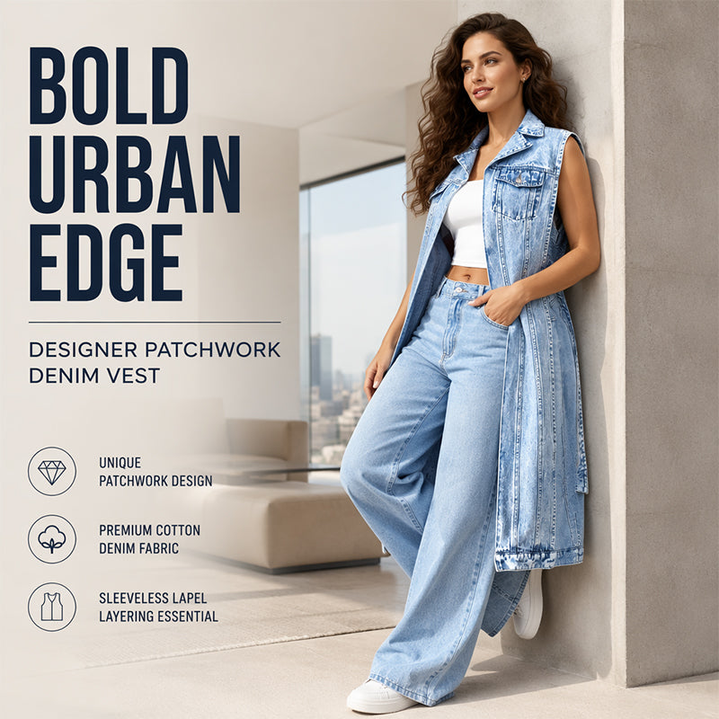 🧥 Women’s Longline Denim Vest Dress – High-Slit Patchwork Layering Style
