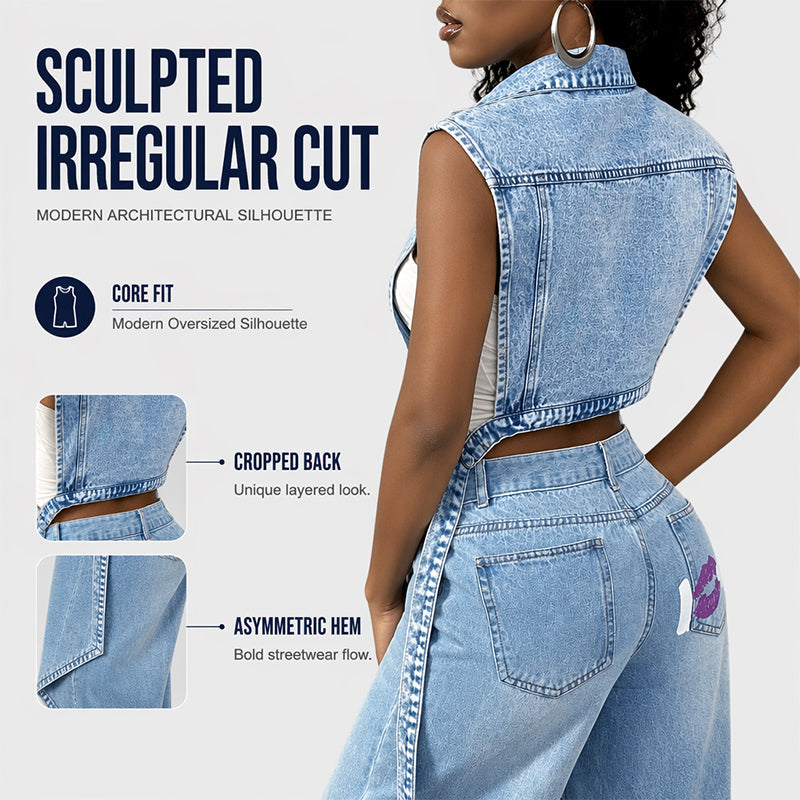 🧥 Women’s Longline Denim Vest Dress – High-Slit Patchwork Layering Style