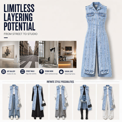 🧥 Women’s Longline Denim Vest Dress – High-Slit Patchwork Layering Style