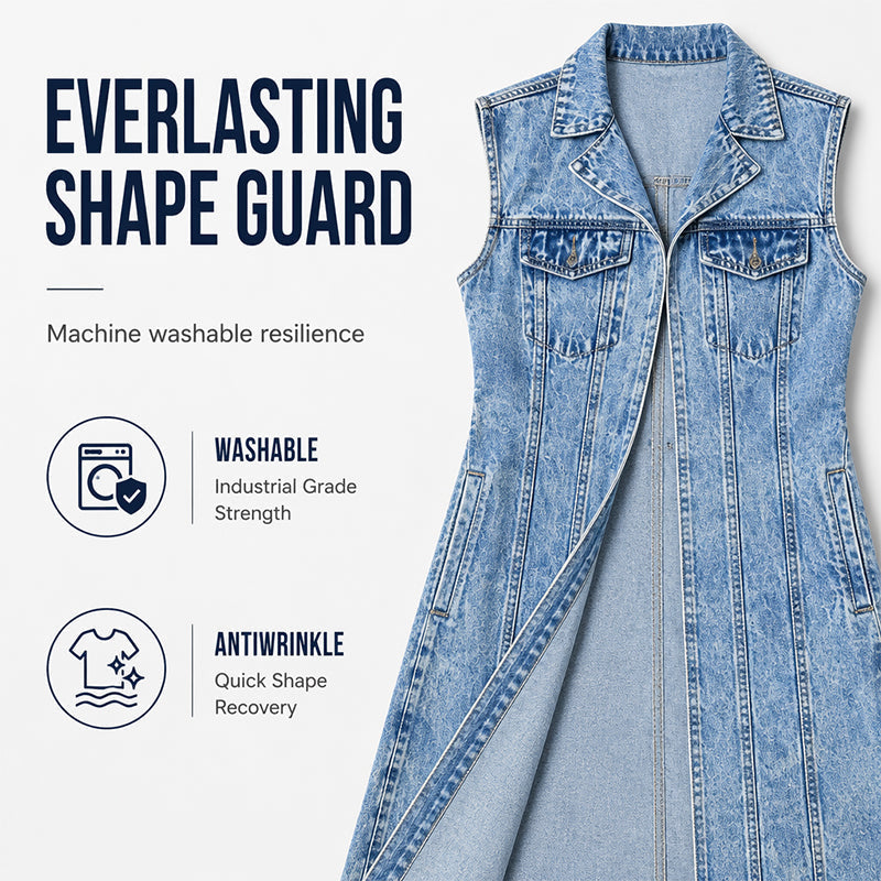 🧥 Women’s Longline Denim Vest Dress – High-Slit Patchwork Layering Style