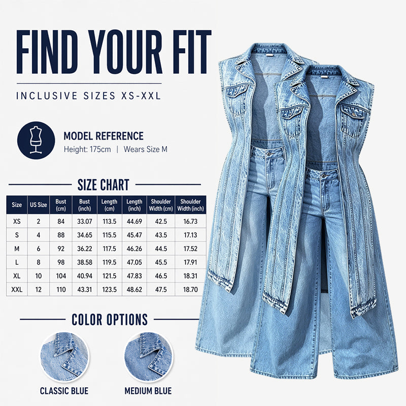 🧥 Women’s Longline Denim Vest Dress – High-Slit Patchwork Layering Style