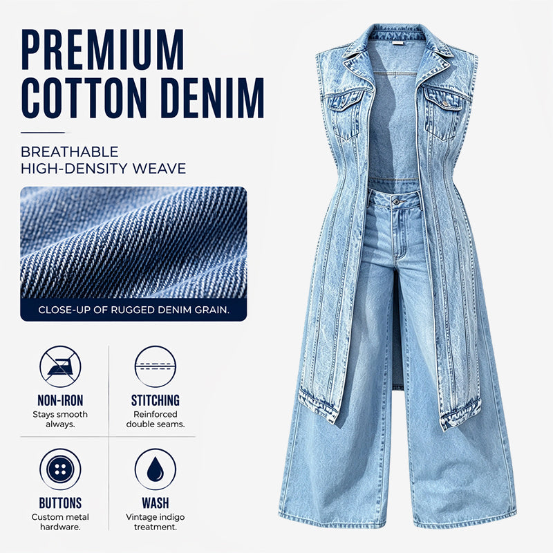 🧥 Women’s Longline Denim Vest Dress – High-Slit Patchwork Layering Style