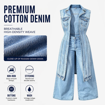 🧥 Women’s Longline Denim Vest Dress – High-Slit Patchwork Layering Style