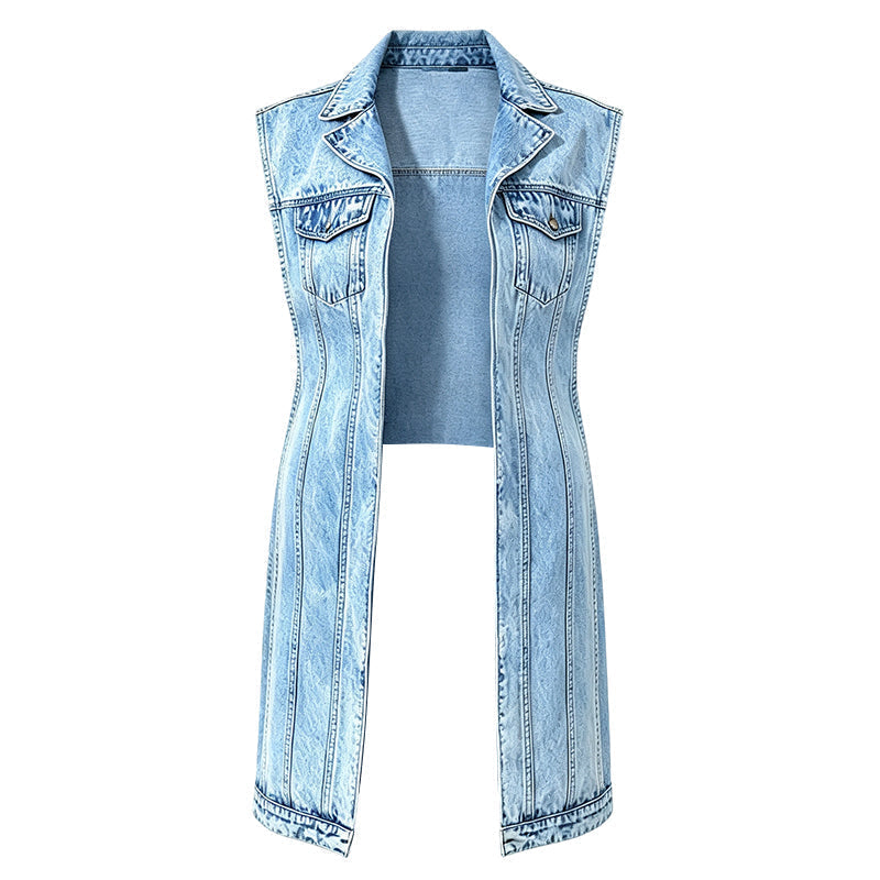 🧥 Women’s Longline Denim Vest Dress – High-Slit Patchwork Layering Style