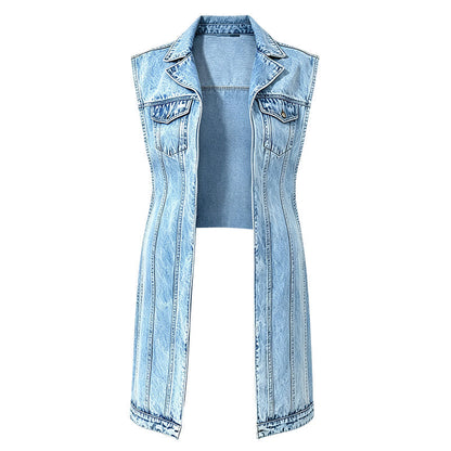 🧥 Women’s Longline Denim Vest Dress – High-Slit Patchwork Layering Style